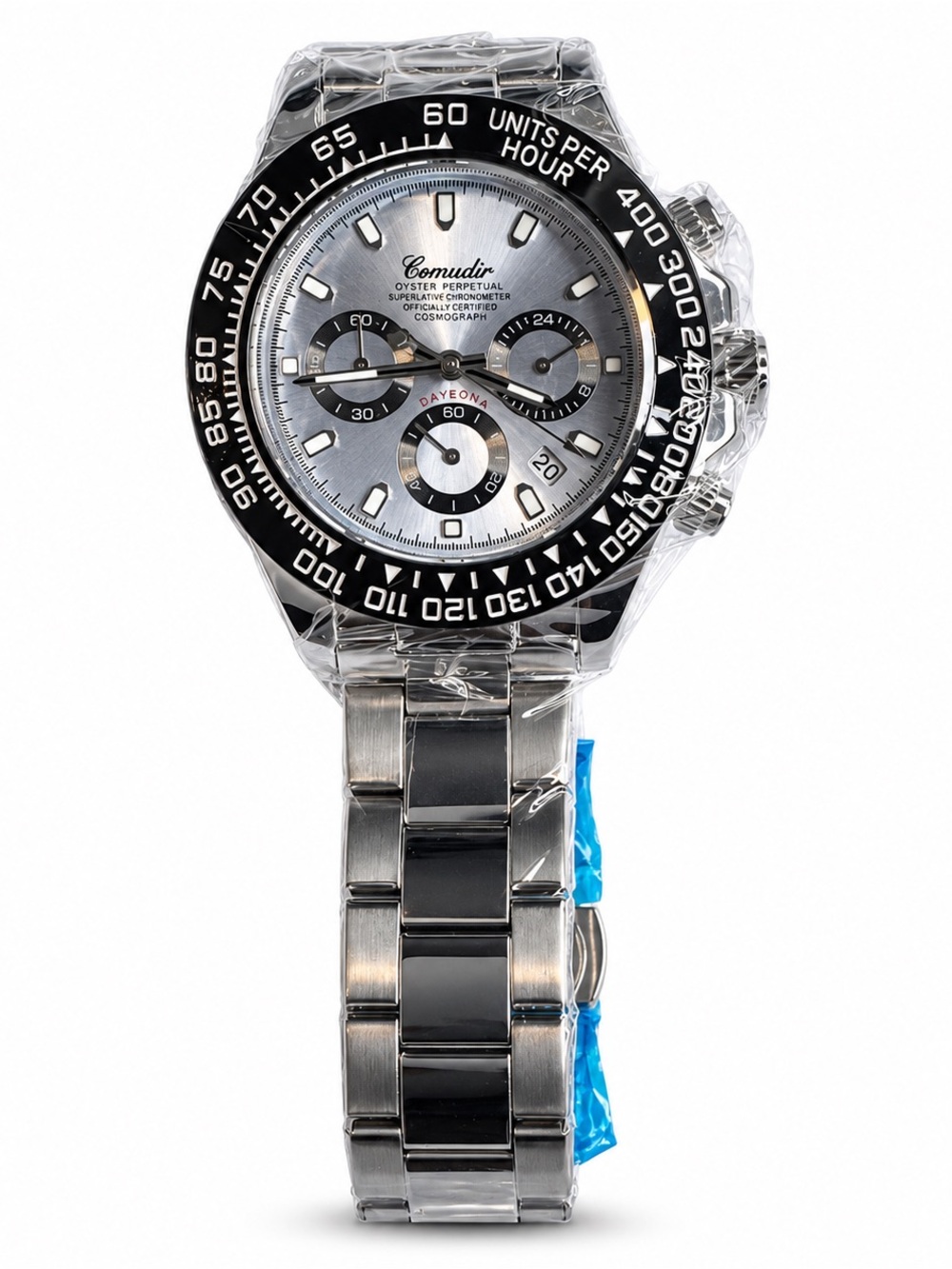 Comudir Men's Silver Chronograph Swim Watch with Black Bezel